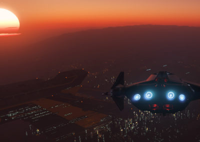 Anvil Carrack in the sky of Lorville